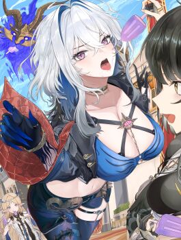 3girls absurdres bad_perspective black_dress black_gloves black_hair black_jacket black_pantyhose black_shorts black_thighhighs blonde_hair blue_bra blue_eyes blue_nails blue_sky bra breasts cartethyia_(wuthering_waves) chimera_(wuthering_waves) cleavage collarbone commentary cropped_jacket crown_of_thorns day dress female_rover_(wuthering_waves) food galbrena_(wuthering_waves) gloves gold_choker grey_hair hashtag-only_commentary highres holding holding_food holding_popsicle hyaui_kazuki jacket jewelry large_breasts light_blush looking_at_another medium_hair multiple_girls navel open_mouth outdoors pantyhose popsicle purple_eyes rover_(wuthering_waves) shorts single_leg_pantyhose single_thighhigh sky smile solo_focus stomach tacet_discord_(wuthering_waves) thighhighs thighlet tongue tongue_out underwear very_long_fingernails wuthering_waves yellow_eyes