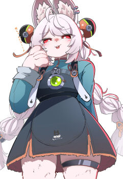 1girl absurdres ahoge animal_ear_fluff animal_ear_piercing animal_ears arm_behind_back blush braid braided_twintails bright_pupils caseee999 claws commentary_request cowboy_shot from_below furry furry_female green_shirt half-closed_eyes hand_up highres long_hair looking_at_viewer medallion open_mouth pink_fur pink_hair rabbit_ears rabbit_girl red_eyes screw shirt simple_background solo teeth thigh_strap upper_teeth_only white_background white_pupils zenless_zone_zero zhao_(zenless_zone_zero)