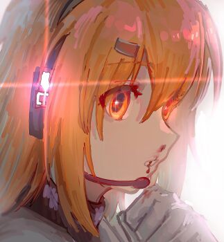 Rule 34 | 1girl, a.i. voice, adachi rei, black shirt, blood, clenched hand, commentary request, glint, gloves, hair ornament, hand up, headset, highres, looking at viewer, nosebleed, orange eyes, orange hair, parted lips, portrait, qiukui, shirt, sideways mouth, solo, turtleneck, utau, white background, white gloves, wiping face