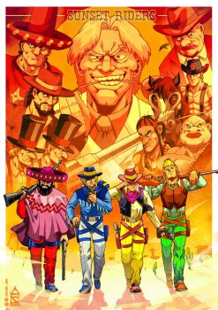 belt billy_cool blonde_hair bob_(sunset_riders) boots brown_hair chief_scalpem cigar copyright_name cormano_wild cowboy cowboy_boots cowboy_western dark_horse_(sunset_riders) el_greco gun handgun hat hawkeye_hank_hatfield highres holding holding_gun holding_weapon horse long_hair looking_at_viewer mexican_standoff multiple_boys muscular muscular_male native_american paco_loco poncho revolver rifle sawed-off_shotgun scarf shotgun simon_greedwell sir_richard_rose smile sombrero steve_(sunset_riders) sunset_riders the_smith_bros_(sunset_riders) top_hat vest weapon western zehb_br