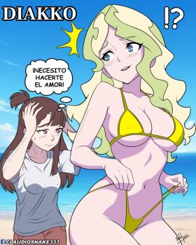 !? 2girls beach bikini blonde_hair blue_eyes blush breasts brown_hair claudiosnake333 cloud covered_erect_nipples diana_cavendish green_hair hands_on_own_head kagari_atsuko large_breasts little_witch_academia long_hair multicolored_hair multiple_girls navel nipples outdoors pink_shorts ponytail pulling_own_clothes red_eyes shirt shorts signature sky spanish_text speech_bubble swimsuit thought_bubble two-tone_hair white_shirt yellow_bikini yuri