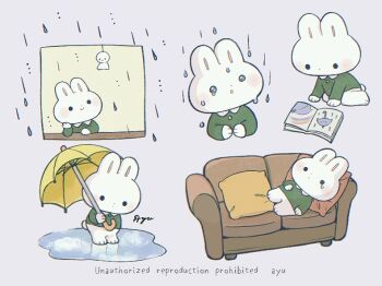 animal animal_focus artist_name ayu_(mog) book clothed_animal commentary couch english_commentary green_shirt holding holding_umbrella long_sleeves lying multiple_views no_humans on_back open_book original pillow puddle purple_background rabbit rain shirt signature simple_background solid_circle_eyes teardrop teruterubouzu umbrella watermark yellow_umbrella