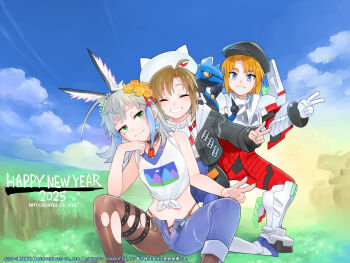 1boy 1girl 1other 2025 bare_shoulders black_collar black_hat black_jacket black_pantyhose blaster_master_zero blaster_master_zero_3 blonde_hair blue_bodysuit blue_hair blue_hat blue_pants blue_snake bodysuit brother_and_sister brown_hair closed_eyes collar denim elfie_frudnick english_text flower green_eyes grey_hair group_picture hair_flower hair_ornament happy_new_year hat highres jacket jao_(blaster_master_zero) leibniz_(blaster_master) medium_hair midriff mole mole_under_eye multicolored_hair nail_polish navel new_year official_art outdoors pants pantyhose red_bodysuit roddy_frudnick rose scar scar_on_face shirt short_hair siblings tied_shirt torn_clothes torn_pantyhose two-tone_hair v white_shirt yellow_flower yellow_rose