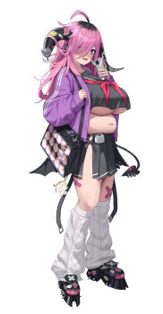 Rule 34 | 1girl, ahoge, airpods, animal ears, bag, bandaid, bandaid on leg, belly, black bag, black hair, black horns, black sailor collar, black serafuku, black shoes, black skirt, black tail, blush, breasts, cellphone, commentary, crossed bandaids, demon tail, demon wings, heart, heart in eye, highres, holding, holding phone, horn ornament, horns, huge breasts, irorong, jacket, leg warmers, long hair, long sleeves, looking at viewer, low wings, mole, mole on breast, mole on thigh, multicolored hair, navel, neckerchief, open mouth, original, phone, piercing, pink eyes, pink hair, pink jacket, pink neckerchief, platform shoes, pleated skirt, plump, sailor collar, school uniform, serafuku, shoes, shoulder bag, simple background, skirt, smartphone, solo, spiked shoes, spikes, stomach, symbol in eye, tail, tail ornament, tail piercing, thighs, two-tone hair, underboob, white background, white leg warmers, wings, wireless earphones
