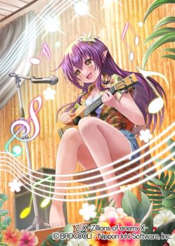 1girl barefoot beamed_eighth_notes breasts chair cleavage copyright_notice denim denim_shorts eighth_note floral_print_jacket flower from_below hair_flower hair_ornament hawaiian_clothes hibiscus holding holding_instrument holding_ukulele indoors instrument jacket long_hair microphone_stand music musical_note musical_staff nagare_seiya official_art on_chair open_clothes open_jacket open_mouth pecteilis playing_instrument pointy_ears purple_hair shirt shorts sitting sixteenth_note solo stage_lights treble_clef ukulele white_shirt yellow_eyes z/x