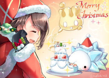 1girl alternate_costume black_eyes black_gloves blush brown_hair cake commentary_request cottonee delibird eating floating food fruit fur-trimmed_headwear fur-trimmed_sleeves fur_trim gen_2_pokemon gen_5_pokemon gen_8_pokemon gloria_(pokemon) gloves hat long_sleeves merry_christmas milcery nintendo orange_background pokemon pokemon_(creature) pokemon_swsh profile red_headwear santa_costume santa_hat short_hair sideways_mouth snom sparkle strawberry twitter_username upper_body white_eyes yuduki_(tt-yuduki)