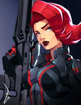 1girl absurdres avengers_(series) black_bodysuit black_widow blue_eyes bodysuit breasts commentary gun highres holding holding_gun holding_weapon marvel marvel_rivals medium_breasts natasha_romanoff raynlikerain red_hair red_lips signature solo superhero_costume weapon