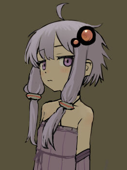 1girl ahoge arms_at_sides bad_id bad_pixiv_id bare_shoulders blush breasts brown_background closed_mouth detached_sleeves dress empire_waist hair_ornament halter_dress halterneck highres long_hair looking_at_viewer no_jacket purple_dress purple_eyes purple_hair ribbed_dress short_hair_with_long_locks sidelocks simple_background small_breasts solo sqq upper_body vocaloid voiceroid yuzuki_yukari