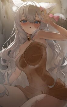 Rule 34 | 1girl, against glass, animal ear fluff, animal ears, bath, bathing, bell, blue eyes, blush, bow, breast press, breasts, breasts on glass, character request, check character, check copyright, collarbone, commentary request, commission, copyright request, hair between eyes, hair ornament, hand up, highres, indie virtual youtuber, large breasts, long hair, lumi (vtuber), metatarou, naked towel, neck bell, open mouth, pink bow, skeb commission, solo, tail, tail bow, tail ornament, towel, upper body, virtual youtuber, white hair