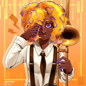 Rule 34 | 1girl, 2023, 20s, black necktie, collared shirt, dark-skinned female, dark skin, dated, hair over one eye, halftone, highres, holding, holding instrument, holding trombone, instrument, long sleeves, looking at viewer, necktie, nintendo, orange hair, patterned hair, saphire riri, shadow, shirt, signature, solo, splatoon (series), splatoon 3, tao blu, trombone, upper body, white shirt