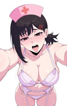 Rule 34 | 1girl, absurdres, alternate breast size (larger), alternate costume, black hair, bra, breasts, brown eyes, chainsaw man, commentary, cowboy shot, garter belt, gratam, hair ornament, hairclip, hat, higashiyama kobeni, highres, large breasts, light blush, medium hair, mole, mole under eye, mole under mouth, multiple moles, nurse cap, open mouth, panties, parallel hairclips, ponytail, short ponytail, simple background, solo, teeth, tongue, tongue out, twitter username, underwear, upper teeth only, white background, white bra, white garter belt, white panties