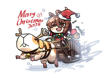 1girl agnes_tachyon_(umamusume) ahoge animal_ears bell bow box brown_hair buck_teeth capelet chibi christmas christmas_present commentary_request dress earrings fur-trimmed_dress fur-trimmed_headwear fur_trim gift gift_box green_bow guinea_pig haihara_yuuya hair_between_eyes hat highres holding holding_reins horse_ears horse_girl jewelry long_sleeves medium_hair merry_christmas pointing pointing_forward red_capelet red_dress red_eyes reins santa_costume santa_dress santa_hat single_earring sleigh smile solo teeth umamusume