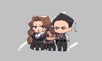 ... 1girl 2boys absurdres annoyed arthropod_limbs belt black-framed_eyewear black-framed_glasses black_belt black_coat black_eyes black_hair black_pants black_shoes black_vest blue_eyes blush breasts brown_eyes brown_hair buckle chibi chibi_only closed_mouth coat collared_shirt expressionless facial_hair formal_clothes frown full_body glasses gregor_(project_moon) grey_background hair_intakes hair_over_shoulder hair_slicked_back half-closed_eyes hand_on_own_hip height_difference highres id_card jitome limbus_company long_hair long_sleeves looking_at_another looking_down looking_to_the_side low_ponytail male_focus medium_breasts meursault_(project_moon) multiple_boys necktie notice_lines open_mouth pants parted_bangs ponytail project_moon red_necktie rodion_(project_moon) sanpaku semi-rimless_eyewear shadow shirt shoes short_hair sideways_glance simple_background size_difference sleeves_rolled_up smile standing stubble suit sweatdrop under-rim_eyewear v-shaped_eyebrows very_long_hair vest white_shirt