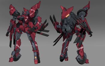 3d bird/binary blue_eyes crimson_thunderbird extra_eyes from_behind gradient_background las91214 looking_ahead mecha multiple_views no_humans open_hands robot science_fiction standing