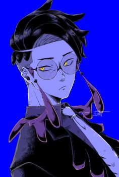 1boy :/ black_hair black_jacket blue_background closed_mouth collared_shirt corbeau_(pokemon) frown glasses grey_necktie highres jacket lapels looking_to_the_side male_focus necktie nintendo parted_hair pokemon pokemon_legends:_z-a round_eyewear shirt short_hair sideways_glance signature simple_background solo tassel urushi_(urushix_7) wing_collar yellow_eyes