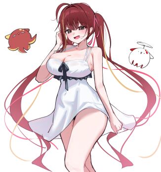 1girl absurdres ahoge akane_lize arm_at_side black_panties black_ribbon breasts cleavage covered_navel creature double-parted_bangs dress dress_ribbon fang feet_out_of_frame grey_eyes hair_intakes hand_up hashtag-only_commentary highres large_breasts long_hair mole mole_under_eye multicolored_hair open_mouth panties panty_peek pantyshot pienna_(akane_lize) red_hair red_pupils ribbon short_dress simple_background sleeveless sleeveless_dress slit_pupils smile solo stellive streaked_hair sweat sweaty_clothes twintails underwear very_long_hair virtual_youtuber walking white_background white_dress yeomhwauranyum