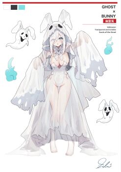 Rule 34 | 1girl, animal ears, animal hood, barefoot, blue eyes, bow, breasts, cleavage, color guide, commentary request, dolce (dolsuke), english text, eyes visible through hair, fake animal ears, full body, ghost, ghost costume, hair over one eye, halloween, highres, hitodama, hood, hood up, large breasts, leotard, looking at viewer, original, parted lips, playboy bunny, rabbit ears, rabbit hood, see-through clothes, signature, sleeves past fingers, sleeves past wrists, solo, standing, strapless, strapless leotard, white background, white bow, white leotard