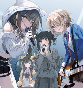 4girls :d acoustic_guitar alternate_costume animal_ears animal_hood asakura_karen_(heaven_burns_red) bare_shoulders black_hair black_skirt blonde_hair blue_background blue_jacket blunt_bangs bow brown_eyes brown_skirt cat_ears cat_hood closed_mouth collared_shirt commentary_request cowboy_shot cropped_sweater demon_horns double_bun dual_persona eyes_visible_through_hair fake_animal_ears fake_horns gradient_background guitar hair_between_eyes hair_bow hair_bun hair_ornament hair_over_one_eye hairclip hands_up heaven_burns_red highres holding holding_guitar holding_instrument holding_microphone hood hood_up horned_hood horns instrument jacket kayamori_ruka leaning_forward long_hair looking_at_viewer low_twintails microphone midriff miniskirt multiple_girls necktie nujii one_eye_covered open_clothes open_jacket open_mouth parallel_hairclips plaid_clothes plaid_skirt pleated_skirt red_bow red_eyes red_necktie shirt short_hair simple_background skirt sleeves_past_wrists smile sweater teeth twintails two_side_up upper_body upper_teeth_only white_bow white_shirt white_sweater yanaginagi yellow_eyes