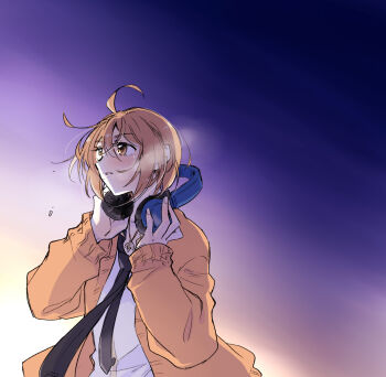 1girl ahoge assault_lily black_necktie breath brown_cardigan brown_eyes brown_hair cardigan commentary evening hair_between_eyes hands_up headphones highres holding holding_headphones jewelry kawamura_yuzuriha long_sleeves looking_ahead loose_necktie necklace necktie odaiba_girls_high_school_uniform open_cardigan open_clothes outdoors parted_lips pendant purple_sky santouka school_uniform shirt short_hair sky solo unworn_headphones upper_body white_shirt