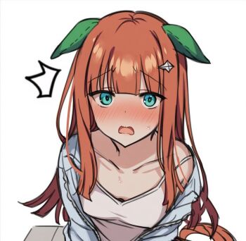 1girl :o ^^^ animal_ears bare_shoulders blunt_ends blush breasts camisole cardigan casual collarbone commentary_request drawstring embarrassed furrowed_brow green_eyes grey_cardigan horse_ears horse_girl horse_tail jacket long_hair looking_at_viewer medium_breasts off_shoulder open_cardigan open_clothes orange_hair orange_tail parted_lips silence_suzuka_(umamusume) simple_background solo sweat sweatdrop tail uma_dacchi_ex umamusume white_background white_camisole