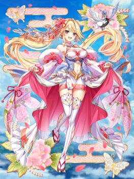 1girl :d baizu_(guszx) bare_shoulders black_sandals blonde_hair blush breasts cleavage clothes_lift clothing_cutout cloud collarbone detached_sleeves dragon dress earrings flower hair_flower hair_ornament jewelry large_breasts leotard lifting_own_clothes long_hair looking_at_viewer miniskirt navel navel_cutout official_art okobo open_mouth petals pink_flower pink_rose pink_sash platform_sandals red_eyes red_flower red_rose rose sandals sash shironeko_project side_ponytail sierra_(shironeko_project) skirt sky small_dragon smile standing standing_on_one_leg tachi-e teeth thighhighs third-party_source tsurime upper_teeth_only very_long_hair white_dragon white_leotard white_thighhighs wide_sleeves