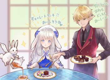 Rule 34 | + +, 1boy, 1girl, animal ears, arch bishop (ragnarok online), black necktie, blonde hair, blue dress, blue eyes, blush, cafe, cake, closed mouth, collared shirt, commentary request, dress, floppy ears, food, fork, gobaku no hito, green eyes, grey hair, grey shirt, hat, holding, holding fork, holding knife, indoors, knife, long hair, long sleeves, mole, mole under eye, necktie, open mouth, pointy ears, pouring, rabbit, rabbit ears, rabbit girl, ragnarok masters, ragnarok online, red vest, shirt, short hair, smile, sparkle, tea, teapot, translation request, two-tone dress, upper body, vest, white dress, white hat, window, winged rabbit