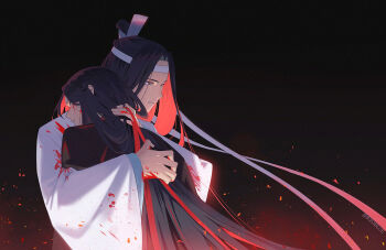 2boys 8083_blue black_background black_hair blood blood_on_clothes blood_on_hands brown_eyes closed_mouth commentary_request crying gradient_background hairband hug japanese_clothes kimono lan_wangji long_hair long_sleeves male_focus modao_zushi multiple_boys very_long_hair wei_wuxian white_hairband white_kimono wide_sleeves yaoi