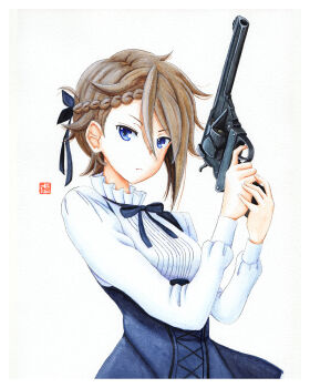 Rule 34 | ange (princess principal), blue eyes, braid, break-action revolver, breasts, brown hair, dress, gun, handgun, holding, holding gun, holding weapon, long sleeves, looking at viewer, painting (medium), princess principal, revolver, semi-automatic revolver, simple background, small breasts, standing, traditional media, watercolor (medium), weapon, webley-fosbery automatic revolver, white background, y takeshinu wan