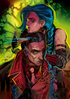 1boy 1girl absurdres arcane:_league_of_legends arcane_jinx arm_belt black_gloves black_sclera black_tank_top blue_eyes blue_hair braid chin_rest collared_shirt colored_sclera curtained_hair detached_sleeves expressionless finger_gun finger_gun_to_head fingerless_gloves gloves grey_streaks hair_slicked_back head_on_head head_rest heterochromia highres jacket jinx_(league_of_legends) league_of_legends looking_to_the_side muscular muscular_female necktie pink_eyes pink_nails popped_collar red_eyes red_shirt scar scar_across_eye scar_on_face shirt sideburns silco_(arcane) steepled_fingers stomach tank_top upper_body white_necktie zzhmurrka