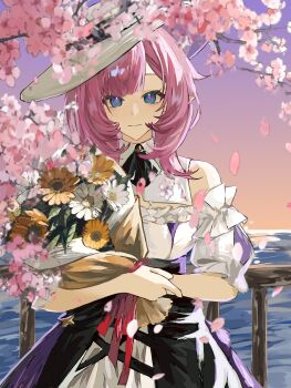 1girl absurdres blue_eyes bouquet breasts cherry_blossoms chinese_commentary commentary_request dress elf elysia_(honkai_impact) elysia_(sweet_memories)_(honkai_impact) flower gradient_sky hat highres holding holding_bouquet honkai_(series) honkai_impact_3rd large_breasts looking_at_viewer ocean official_alternate_costume outdoors pink_hair pointy_ears purple_eyes qianzao_a_nong_yi_dongbudong sky solo white_dress white_hat