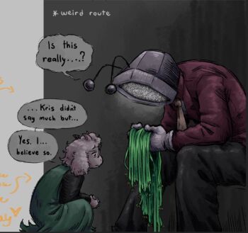 2boys ant_tenna chamopsv clothed_robot crt deltarune english_text furry furry_male glasses goat_boy green_robe horns implied_death multiple_boys necktie object_head radio_antenna ralsei robe robot squatting static tailcoat television utdr_(toby_fox) weird_route_(deltarune) yellow_necktie