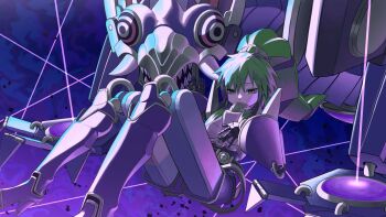 1girl bebebe_mayakasi breasts doll_joints dragon duel_monster el_shaddoll_winda green_eyes green_hair hand_on_own_chest highres joints long_hair mechanical_arms mechanical_legs medium_breasts multiple_girls ponytail puppet_strings sitting wide_sleeves winda_(yu-gi-oh!) yu-gi-oh!