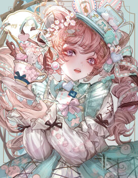 1girl bow bowtie cup cup_hair_ornament dress english_text flower frilled_dress frilled_sleeves frills hair_between_eyes hair_flower hair_ornament hair_ribbon happy_white_day heart heart_hair_ornament highres komorihikki long_hair long_sleeves looking_at_viewer open_mouth original pin pink_bow pink_bowtie pink_eyes pink_hair pink_nails pink_ribbon plate puffy_long_sleeves puffy_sleeves revision ribbon simple_background solo spoon stuffed_animal stuffed_toy teddy_bear twintails upper_body wavy_hair white_day white_flower