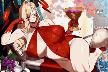 1girl adapted_costume alcohol bare_shoulders blonde_hair blush breasts chalice cleavage colored_extremities covered_navel cup dragon_horns dress facial_mark fate/grand_order fate_(series) food fruit grapes highres horns huge_breasts licking_lips long_hair looking_at_viewer lying monkey_jon nero_claudius_(fate) on_side queen_draco_(fate) queen_draco_(first_ascension)_(fate) queen_draco_(third_ascension)_(fate) red_dress red_eyes red_hands self_cosplay smile solo thick_thighs thighs tongue tongue_out wide_hips wine