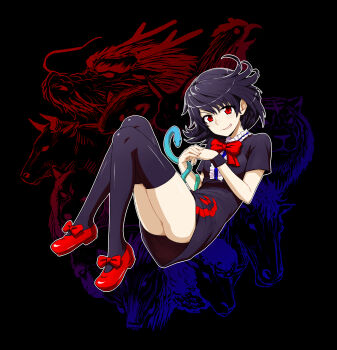 1girl absurdres ass asymmetrical_wings bird black_hair black_thighhighs boar bow bull chicken chinese_zodiac dog dragon dress female_focus goat highres horse houjuu_nue itou_yuuji monkey mouse_(animal) rabbit red_eyes rooster sharp_teeth short_hair smile snake solo teeth thighhighs tiger touhou wings