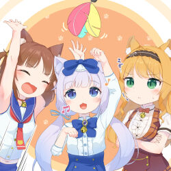 Rule 34 | 3girls, :&lt;, :3, :d, ^ ^, animal ear fluff, animal ears, arm up, arms up, azuki (nekopara), bell, bi neko706, black hairband, blue bow, blue eyes, blunt bangs, blush, bow, brown hair, cat day, cat ears, cat girl, cat tail, center frills, closed eyes, commentary, crossed arms, feathers, frills, frown, green eyes, hair between eyes, hair bow, hairband, happy, highres, jingle bell, long hair, long sleeves, looking at object, low twintails, maple (nekopara), medium hair, motion lines, multiple girls, musical note, neck bell, neckerchief, nekopara, open mouth, orange background, orange hair, red neckerchief, school uniform, serafuku, shirt, side-by-side, simple background, sleeveless, sleeveless shirt, slit pupils, smile, sound effects, sweatdrop, tail, trembling, twintails, two side up, upper body, upturned eyes, v-shaped eyebrows, vanilla (nekopara), wavy hair, white hair, white shirt