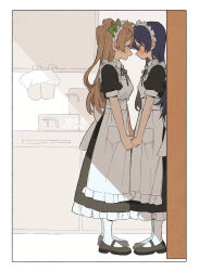 Rule 34 | 2girls, apron, black dress, black footwear, blue hair, blush, brown hair, closed mouth, commentary request, dress, eye contact, forehead-to-forehead, heads together, highres, holding hands, indoors, kitchen, long hair, looking at another, love live!, love live! school idol project, maid, maid apron, maid headdress, mary janes, minami kotori, minamip, multiple girls, open mouth, shade, shoes, short sleeves, smile, socks, sonoda umi, white apron, white socks, yuri