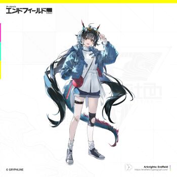 Rule 34 | 1girl, alternate costume, arknights, arknights: endfield, black hair, black shorts, blue horns, blue jacket, blue tail, chen qianyu (arknights), copyright logo, copyright notice, dragon girl, dragon horns, dragon tail, eastern dragon horns, eastern dragon tail, full body, highres, horns, jacket, logo, long hair, looking at viewer, mokuroh, official art, open clothes, open mouth, shorts, solo, standing, tail, twintails