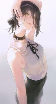 1girl absurdres arm_up black_choker black_hair black_ribbon black_shorts blush chainsaw_man choker collared_shirt cowboy_shot green_eyes hair_between_eyes highres looking_at_viewer neck_ribbon parted_lips reze_(chainsaw_man) ribbon shirt short_hair shorts simple_background sleeveless sleeveless_shirt smile solo verydisco white_background white_shirt