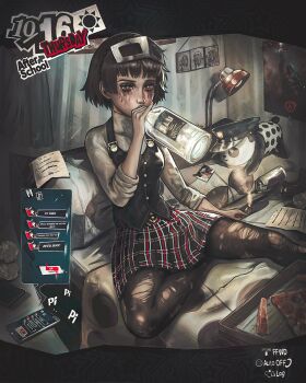 Rule 34 | 1girl, alcohol, amamiya ren, ankle under leg, bed, bedroom, beer can, black border, black skirt, black vest, blunt bangs, bob cut, border, bottle, braid, breasts, bright pupils, brown hair, can, cellphone, chainsaw man, chapinor, chat log, cigarette, crown braid, curtains, dated, depressed, desk lamp, drink, drink can, drinking, english text, eyelashes, fake phone screenshot, fake screenshot, food, gabe newell, gameplay mechanics, half-life, half-life (series), half-life 3, hat, highres, holding, holding bottle, holding cigarette, holding drink, lamp, liquor, long sleeves, looking ahead, makeup, mask, mask on head, medium breasts, messy room, metal mask, niijima makoto, on bed, outside border, pantyhose, paper, peaked cap, pepperoni, pepperoni pizza, persona, persona 5, phone, photo (object), pillow, pizza, pizza box, plaid clothes, plaid skirt, pleated skirt, poster (object), queen (persona 5), red eyes, red skirt, runny makeup, school uniform, shirt, short hair, shuujin academy school uniform, sitting, skirt, smartphone, smoke, smoking, solo, stuffed animal, stuffed panda, stuffed toy, torn clothes, torn pantyhose, turtleneck, two-tone skirt, unhappy, unworn headwear, vest, vodka, white pupils, white shirt