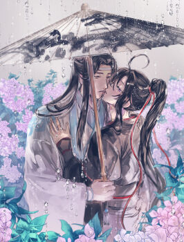 2boys ahoge bishounen black_hair black_hanfu black_sash blush chinese_clothes commentary_request couple eye_contact face-to-face flower hair_ribbon half-closed_eyes hanfu headband high_ponytail highres holding holding_umbrella hug hydrangea kiss ktxxok lan_wangji leaf long_hair long_sleeves looking_at_another male_focus modao_zushi multiple_boys oil-paper_umbrella outdoors parted_lips pink_flower ponytail profile purple_eyes rain red_ribbon ribbon robe sash shared_umbrella sidelocks sleeves_past_wrists standing tassel umbrella upper_body very_long_hair water water_drop wei_wuxian white_hanfu white_headband wide_sleeves yaoi yellow_eyes