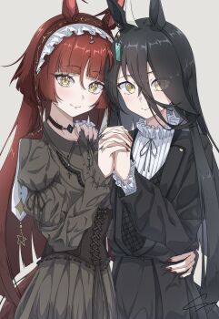 2girls alternate_costume animal_ears black_corset black_dress black_hair black_jacket black_nails black_skirt black_vest blunt_bangs blunt_ends blunt_sidelocks blush ci4 closed_mouth commentary_request corset dress gothic_lolita hair_between_eyes hairband hand_on_another&#039;s_waist highres holding_hands horse_ears horse_girl horse_tail interlocked_fingers jacket lolita_fashion long_bangs long_hair manhattan_cafe_(umamusume) multiple_girls red_desire_(umamusume) red_hair red_hairband red_nails shirt sidelocks skirt smile tail umamusume vest white_shirt yellow_eyes