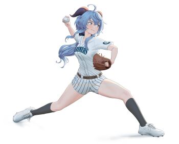 1girl absurdres ahoge alternate_costume ball baseball baseball_glove baseball_uniform belt belt_buckle black_socks blue_hair buckle carlo_montie clothes_writing collarbone ganyu_(genshin_impact) genshin_impact goat_horns highres horns kneehighs long_hair pitching playing_sports shoes shorts signature simple_background sneakers socks solo sportswear throwing white_background