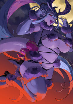 1girl absurdres bare_shoulders black_panties blue_hair bow breasts cleavage colored_skin cosplay elbow_gloves fate/grand_order fate_(series) full_moon fur-trimmed_gloves fur-trimmed_thighhighs fur_collar fur_trim gloves grey_skin gumi_(the_eye_of_darkness) high_heels highres horns ibuki_douji_(fate) ibuki_douji_(swimsuit_berserker)_(fate) lace lace-trimmed_thighhighs lace_trim large_breasts long_hair looking_at_viewer mash_kyrielight mash_kyrielight_(dangerous_beast)_(cosplay) moon multicolored_hair navel night night_sky o-ring oni open_mouth panties pink_hair pointy_ears ponytail purple_gloves purple_thighhighs red_eyes revealing_clothes sidelocks sky smile solo tail thighhighs underwear very_long_hair