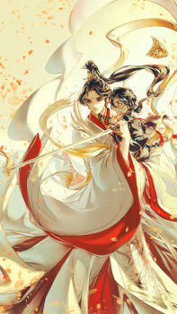 2boys bandage_on_face bandage_over_one_eye bandages bindi black_hair black_hanfu chinese_clothes chinese_commentary closed_mouth commentary_request earrings facial_mark falling_petals floating_clothes floating_hair forehead_mark grey_eyes hagoromo hair_ornament hanfu high_ponytail highres holding holding_sword holding_weapon hua_cheng hua_cheng_(young) jewelry jian_(weapon) long_hair long_sleeves looking_at_another looking_at_viewer mask multiple_boys official_alternate_costume official_alternate_hairstyle ornate_clothes patch petals ponytail prince red_hanfu robe sash shawl smile standing starember sword sword_tassel tassel tianguan_cifu two-tone_hanfu unworn_mask very_long_hair weapon white_hanfu wide_sleeves wind xiao_guan_(headdress) xie_lian xie_lian_(flower_crowned_martial_god) yellow_shawl