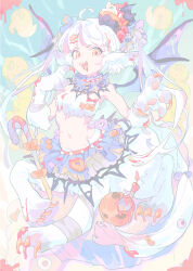 Rule 34 | 1girl, ahoge, ambiguous red liquid, animal ear fluff, animal ears, animal hands, arm wrap, blue background, bow, candle, candy, centauroid, claws, collar, food, frilled collar, frills, full body, halloween, hands up, highres, jack-o&#039;-lantern, kinutani yutaka, leg wrap, long hair, looking at viewer, monster girl, multicolored hair, open mouth, orange eyes, original, pink hair, purple skirt, purple wings, sharp teeth, skirt, solo, standing, streaked hair, tail, tail bow, tail ornament, taur, teeth, twintails, very long hair, white fur, white hair, wings