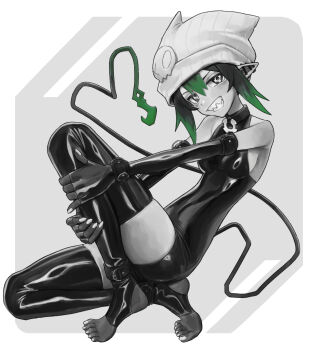 bare_shoulders black_gloves black_hair black_thighhighs bodysuit breasts character_request colored_tips elbow_gloves gloves green_hair hashtag-only_commentary hat highres indie_virtual_youtuber latex latex_bodysuit latex_thighhighs looking_at_viewer multicolored_hair open_mouth pointy_ears saaal653 skindentation small_breasts stirrup_legwear tail thighhighs toeless_legwear virtual_youtuber zettai_ryouiki