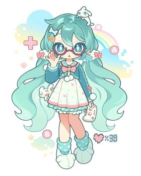 1girl adjusting_eyewear animal animal_on_head animal_slippers aqua_cardigan aqua_hair aqua_skirt aqua_socks blush bow cardigan control_button controller dog dog_on_head dog_slippers dress game_controller gingham_skirt glasses hand_on_eyewear hatsune_miku heart holding holding_controller holding_game_controller long_hair looking_at_viewer low_twintails myunazzang on_head paw_print pixel_heart pleated_dress pleated_skirt polka_dot polka_dot_bow polka_dot_socks red-framed_eyewear red_bow round_eyewear skirt slippers socks tongue tongue_out twintails very_long_hair vocaloid white_background