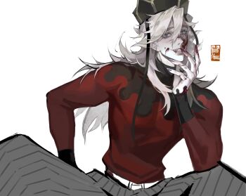 Rule 34 | 1boy, absurdres, blonde hair, commentary request, douma (kimetsu no yaiba), hair between eyes, highres, kimetsu no yaiba, long hair, looking at viewer, male focus, patterned hair, red shirt, shirt, solo, tight clothes, tight shirt, wayne851120
