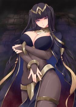 1girl artist_name black_hair bodystocking bracelet breasts bridal_gauntlets cape cleavage closed_mouth commentary_request fire_emblem fire_emblem_awakening jewelry kirishima_satoshi large_breasts looking_at_viewer nail_polish nintendo parted_lips pelvic_curtain purple_eyes redrawn solo steaming_body tharja_(fire_emblem) tiara twitter_username